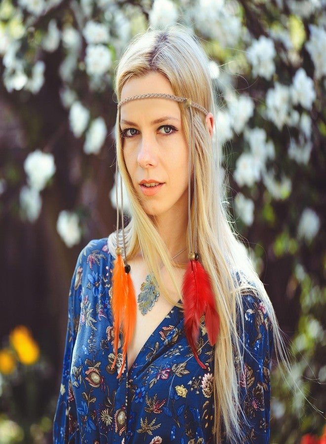 XunYee 3 Pack Feather Hair Clips 1 Boho Feather Headband Hippie Hair Extension with Clip Comb Set for Women Costume(Orange,Classic Style) - Image 5